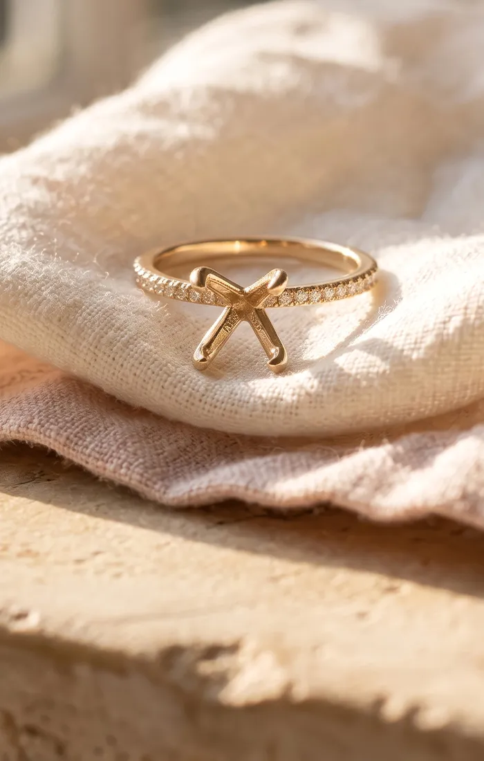A gold ring with a cross setting on a soft, textured fabric in warm lighting.