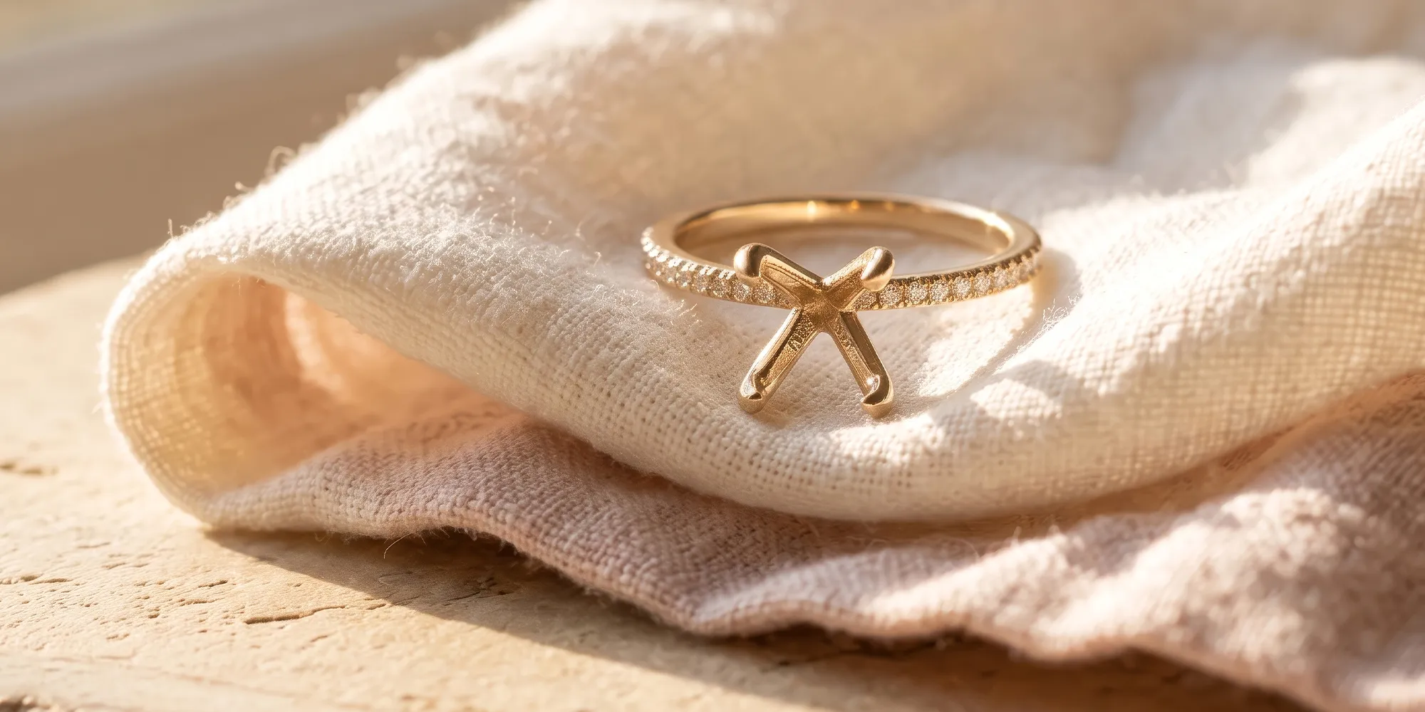 A gold ring with a cross setting on a soft, textured fabric in warm lighting.