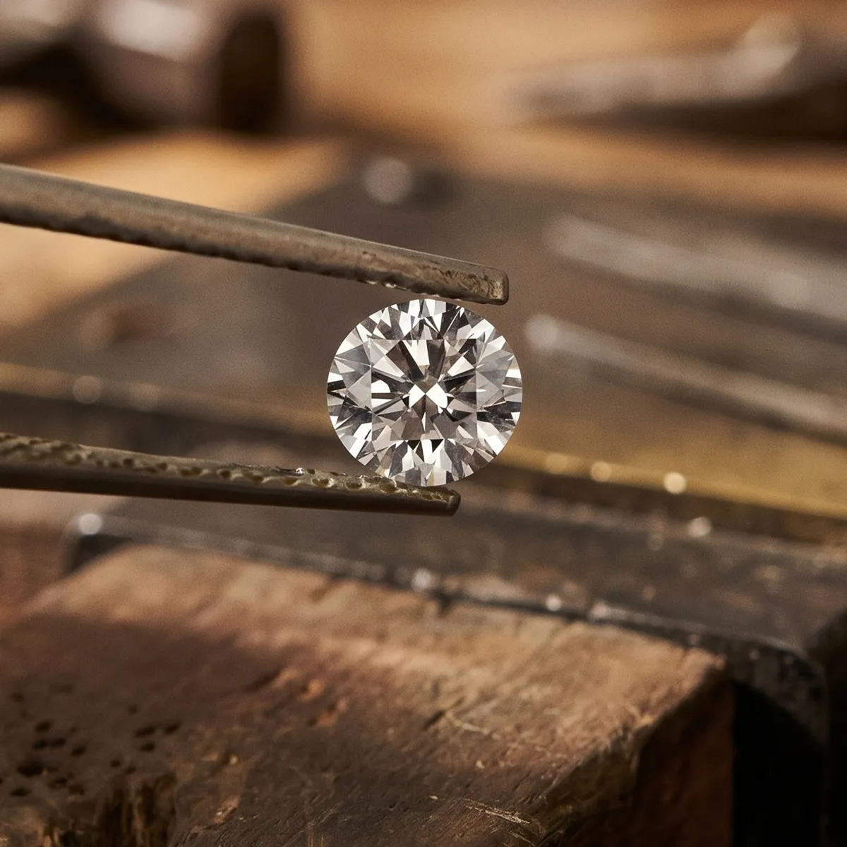 Tongs holding a round diamond in a workshop setting.