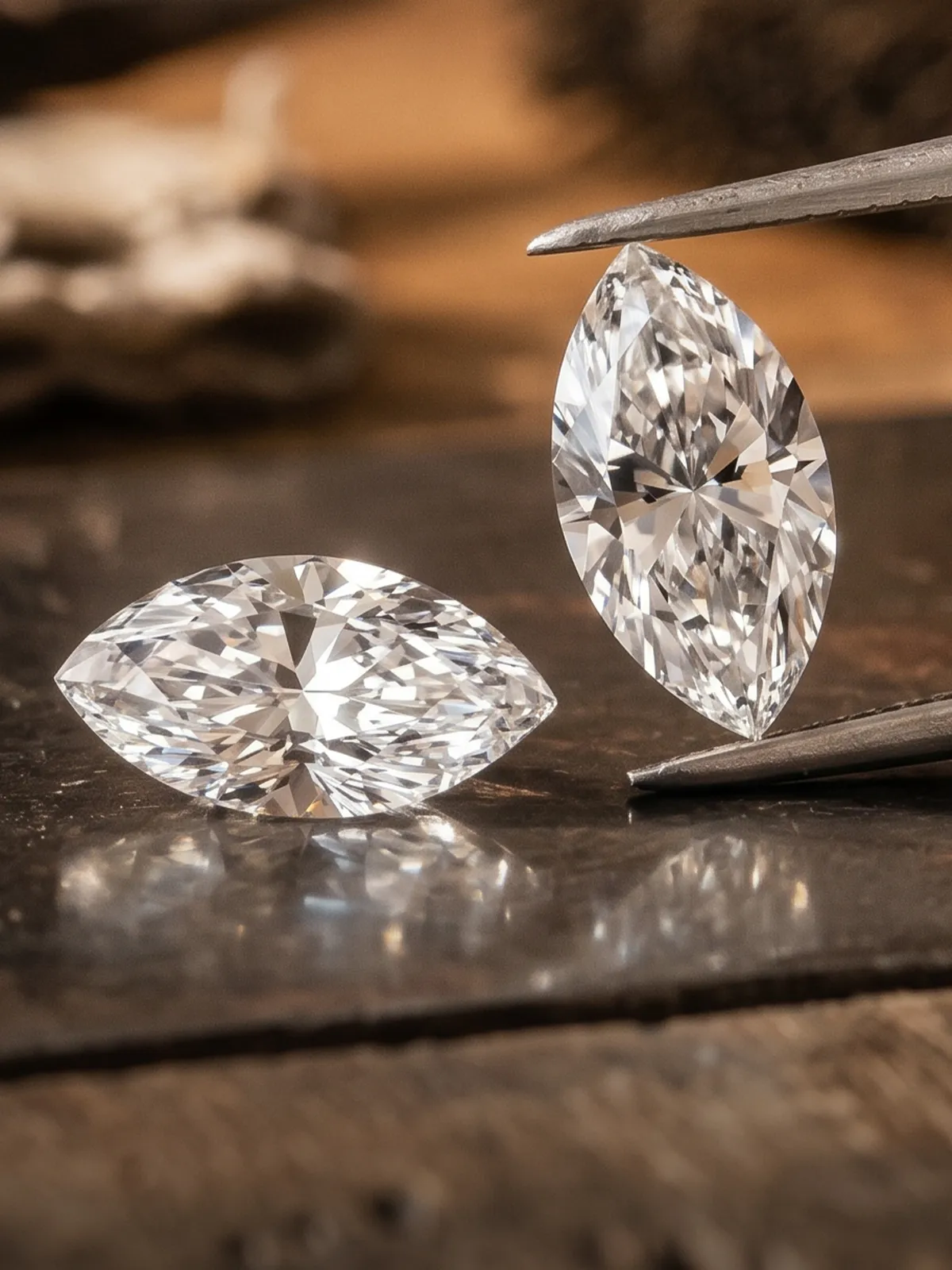 Two marquise-cut diamonds on a wooden surface, one held by tweezers.