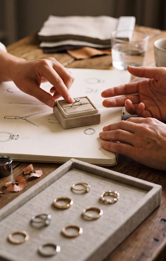 Hands examining a diamond ring in a box on a sketchbook with jewelry designs.