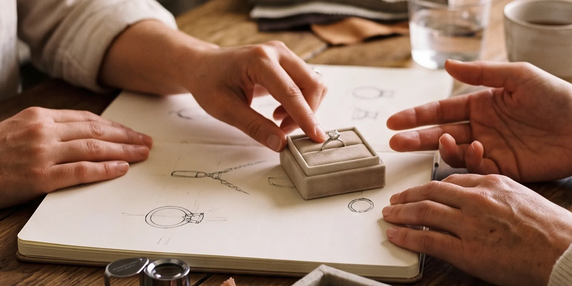 Hands examining a diamond ring in a box on a sketchbook with jewelry designs.