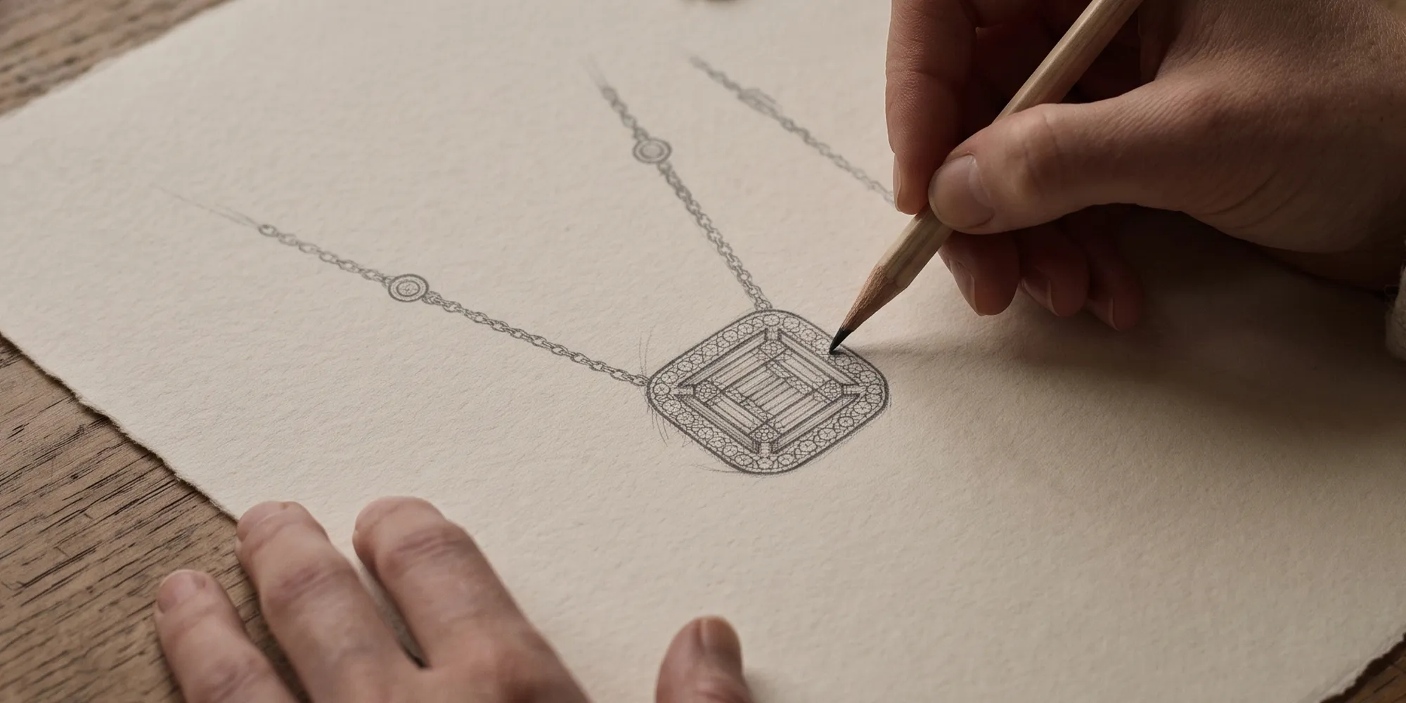 A hand sketching a detailed necklace design on paper with a pencil.