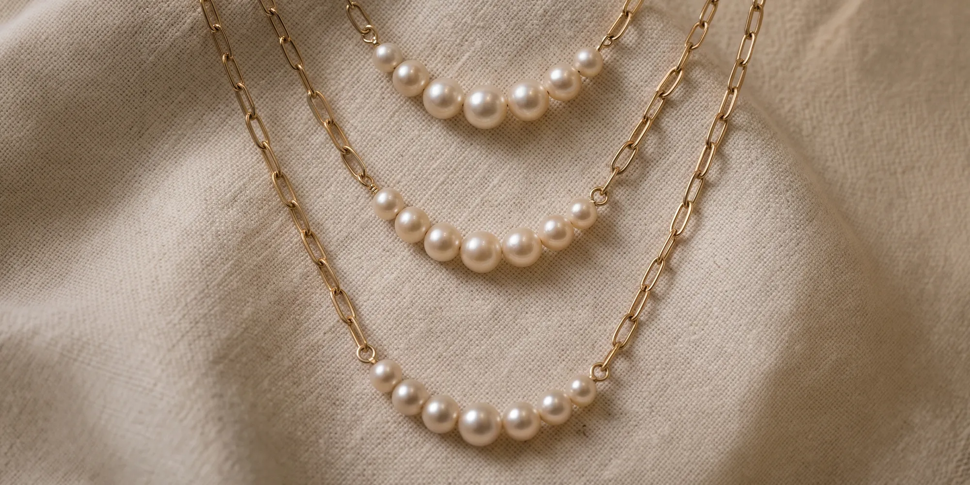 Three gold chain necklaces with pearl clusters on a beige fabric background.