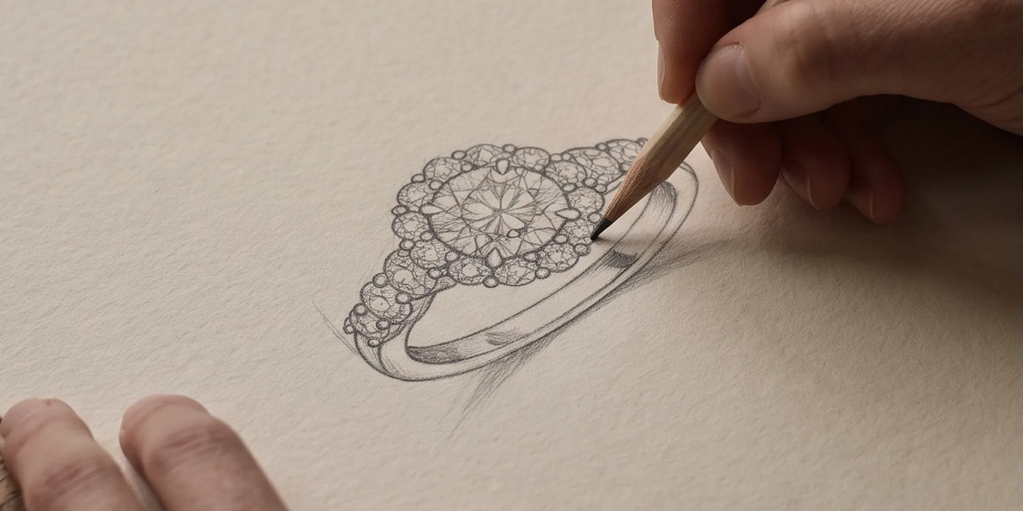 A hand sketching an intricate ring design on paper with a pencil.