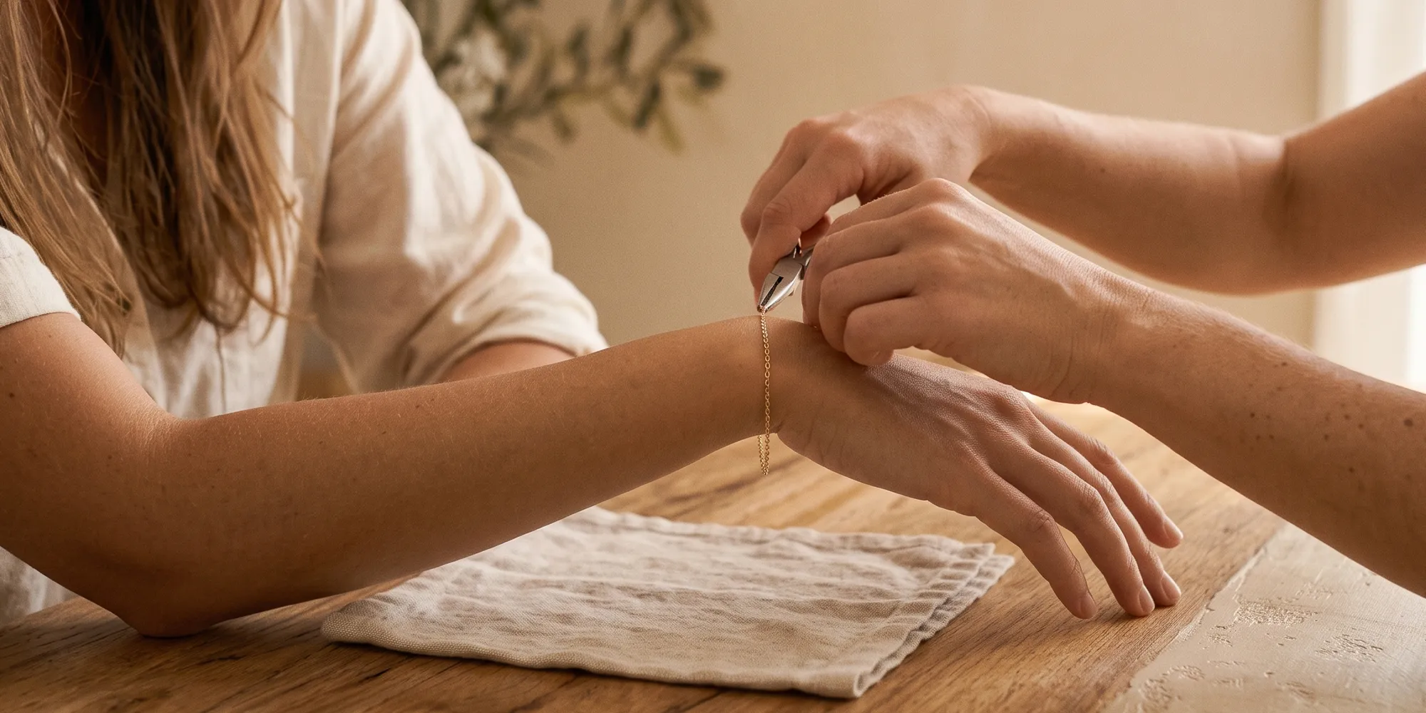 Two hands working on a delicate gold chain with pliers on a wooden table.