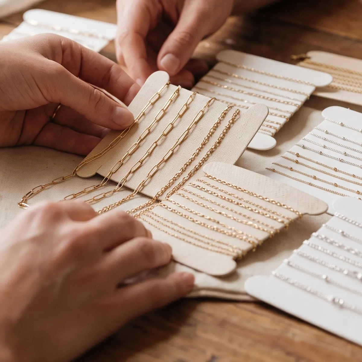 Hands arranging gold and silver chain samples on cards on a wooden table.