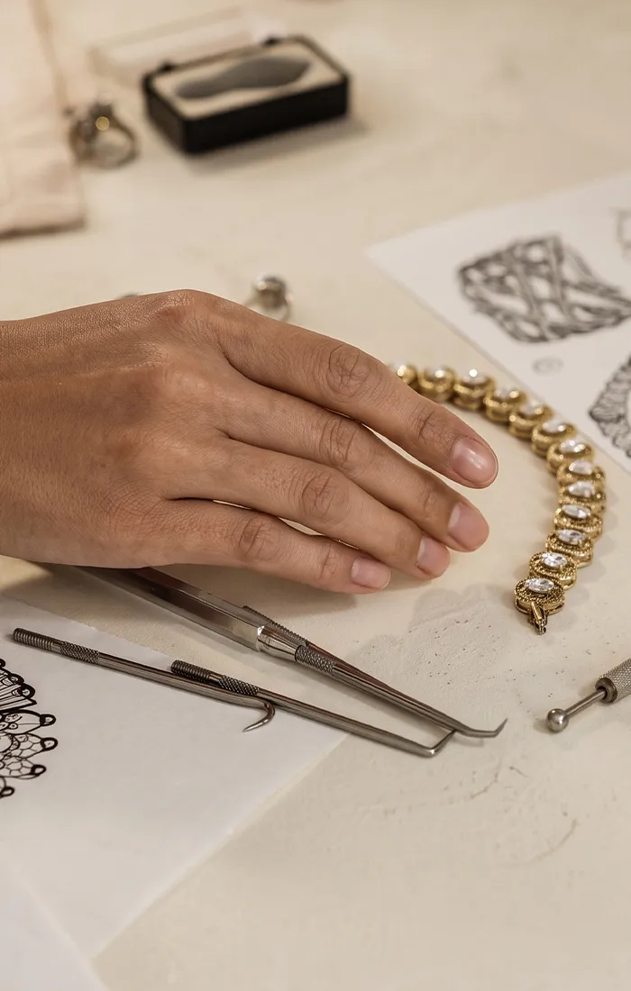 A hand crafting a detailed gold ring using a tool on a workbench.