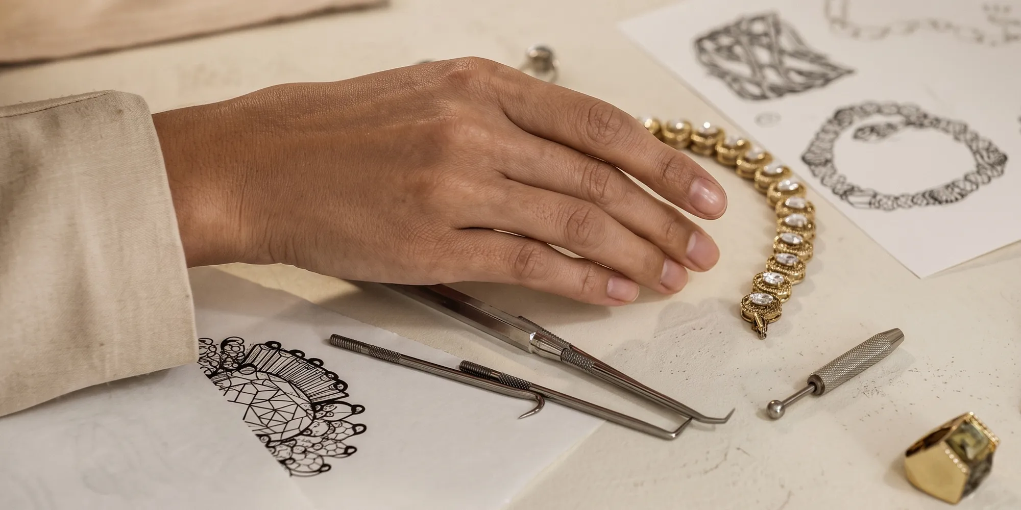 A hand crafting a detailed gold ring using a tool on a workbench.