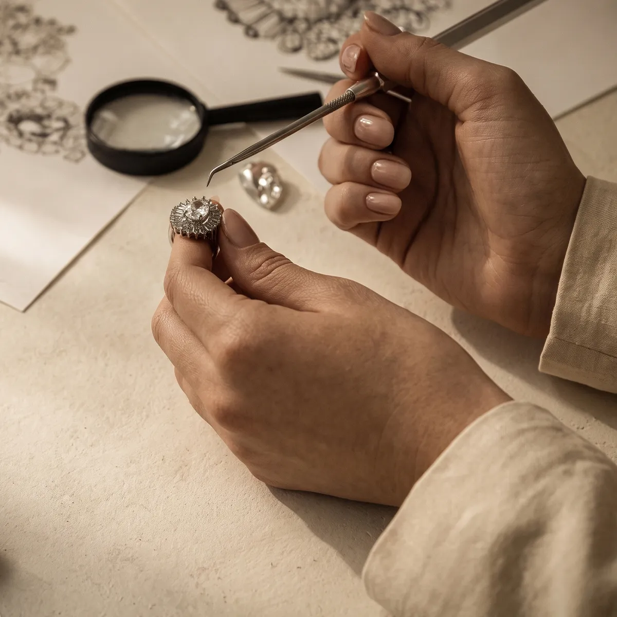 Hands crafting a ring with a magnifying glass and sketches in the background.