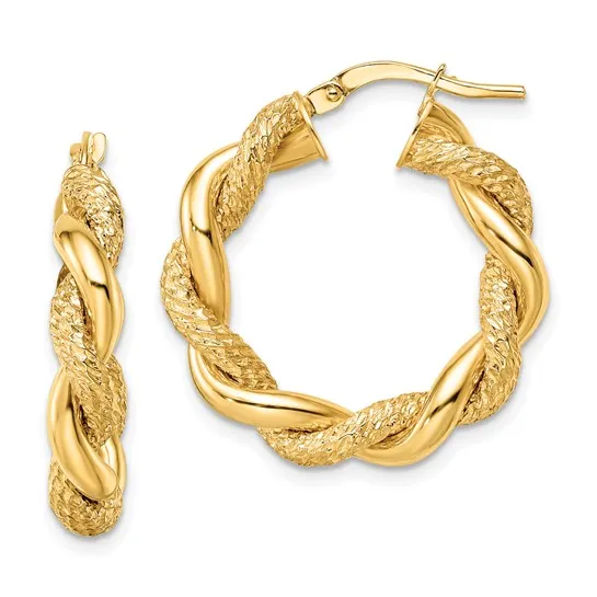 Diamond Cut Twist Hoop Earrings 14K Yellow Gold 25mm Hoops Greenfield Jewelers Pittsburgh, PA