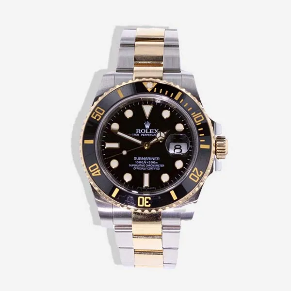 Black dial two tone rolex submariner watch