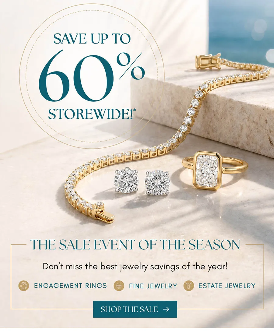 Jewelry sale ad with gold bracelet, diamond earrings, and ring on marble surface. Save up to 60% storewide.