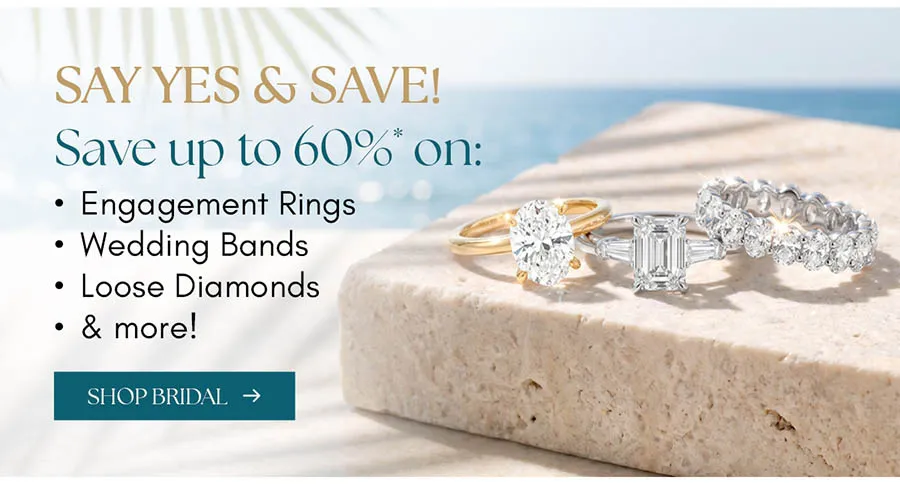 Three diamond rings on a stone surface with text promoting up to 60% off on engagement rings, wedding bands, and more.