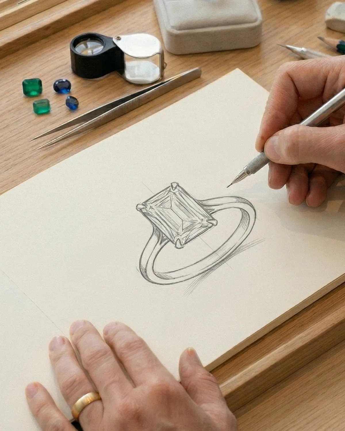 A person sketches a ring design on paper, surrounded by gemstones and jewelry tools.