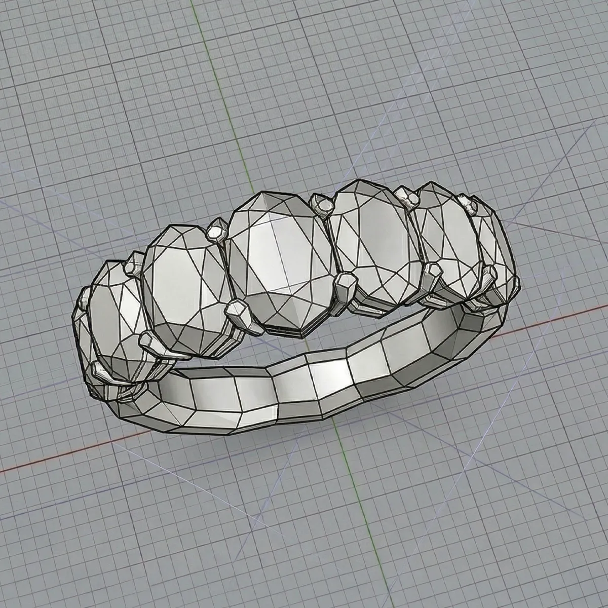 3D CAD model of a multi-stone ring design on a grid background.