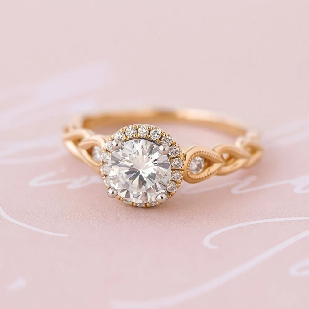 Elegant gold engagement ring with a round diamond and intricate band design on a pink background.