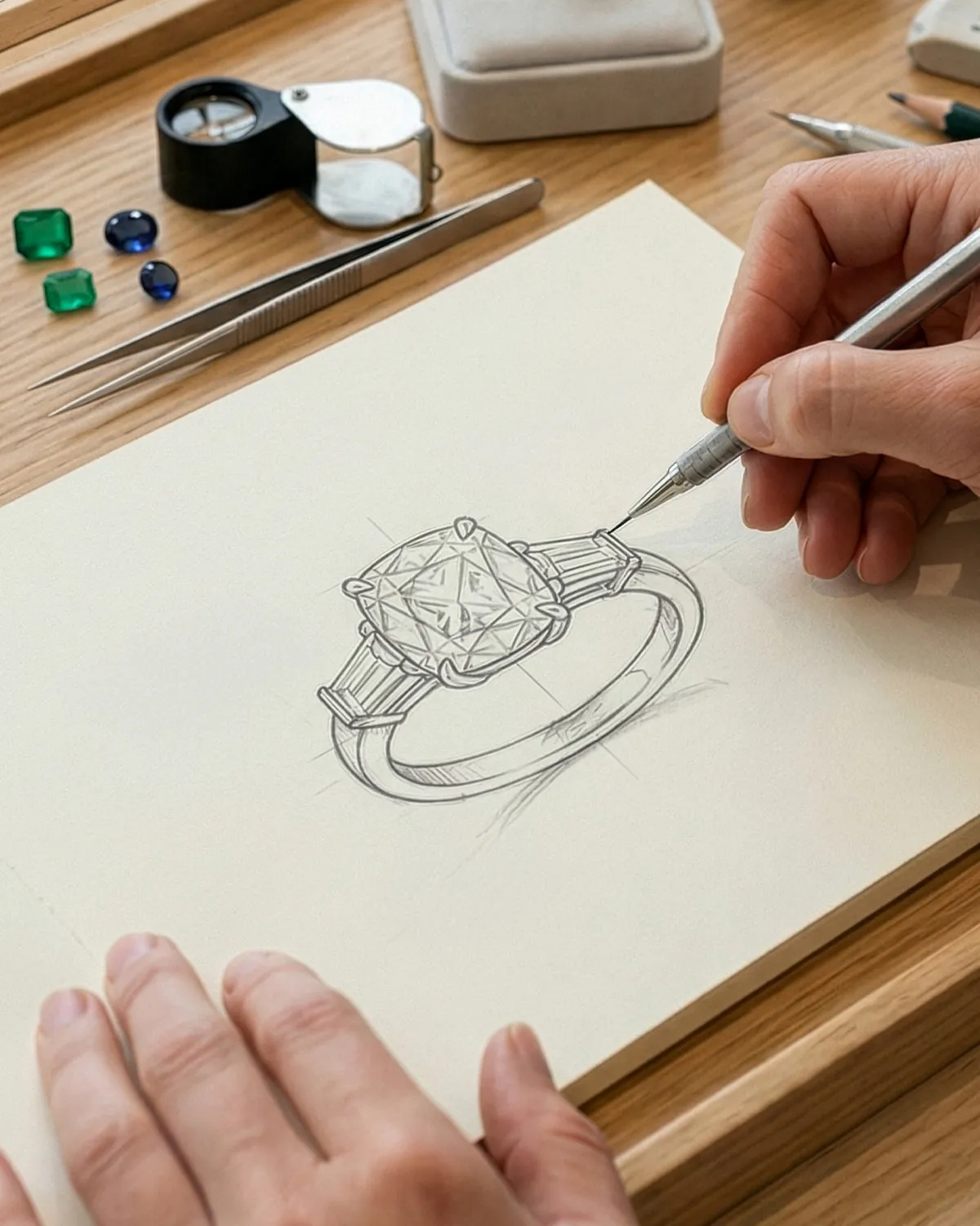 Jewelry designer sketching a diamond ring, surrounded by tools and gemstones on a wooden table.