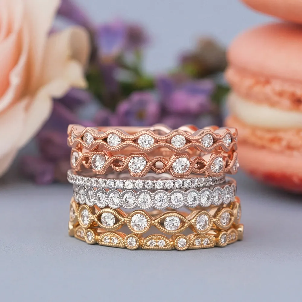 Stacked diamond wedding bands in rose, white, and yellow gold with floral and macaron background.