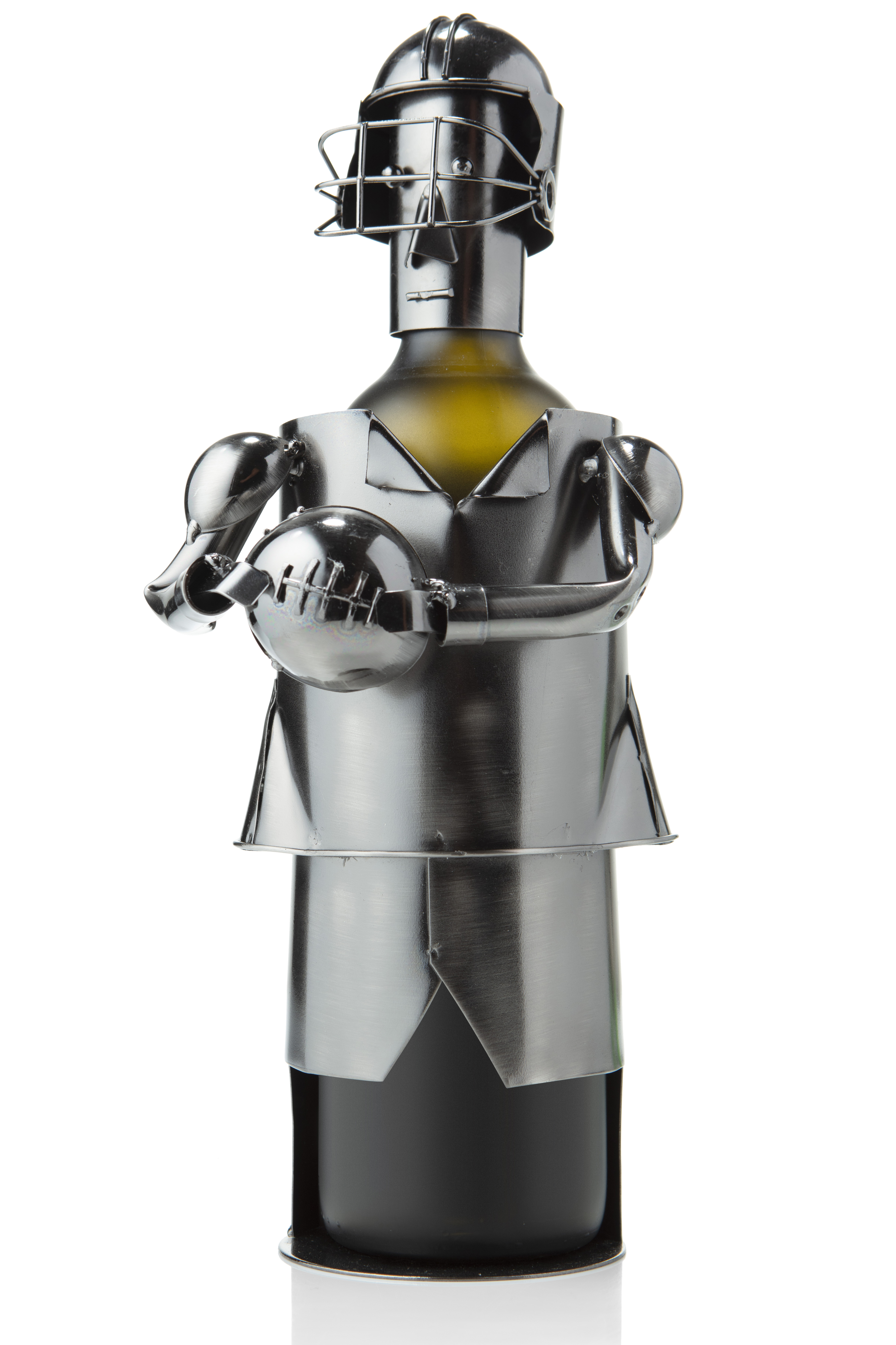 Metal sculpture of a cricket player holding a ball, designed as a bottle holder. Perfect for sports enthusiasts.