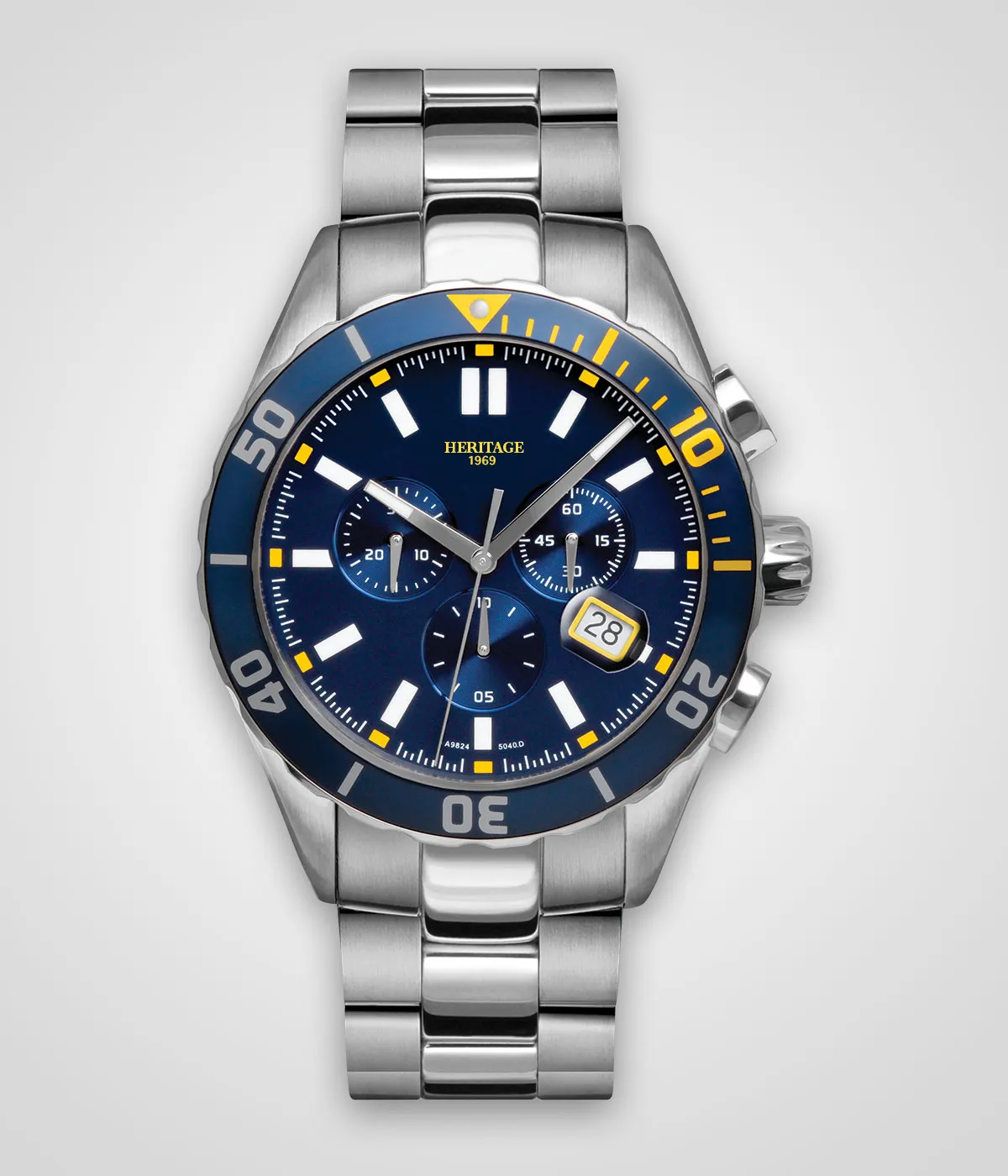 Blue and silver chronograph watch with yellow accents and date display, from Heritage Fine Jewelers in Rochester.