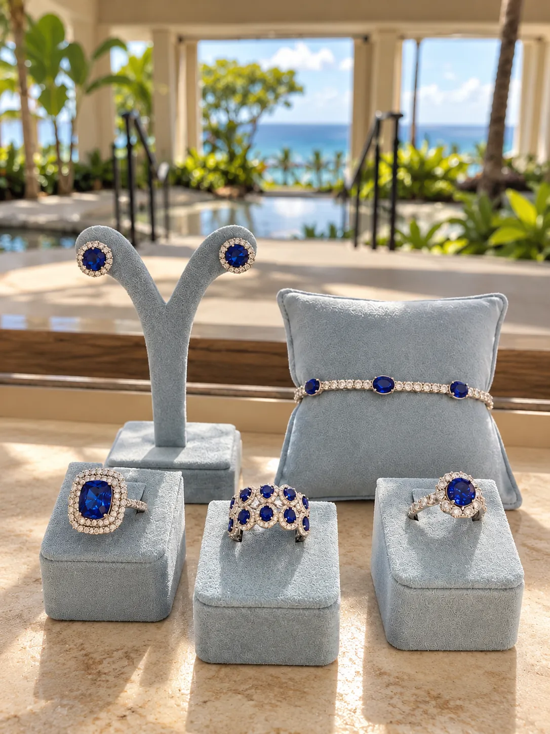A showcase of sapphire rings, bracelet and earrings.