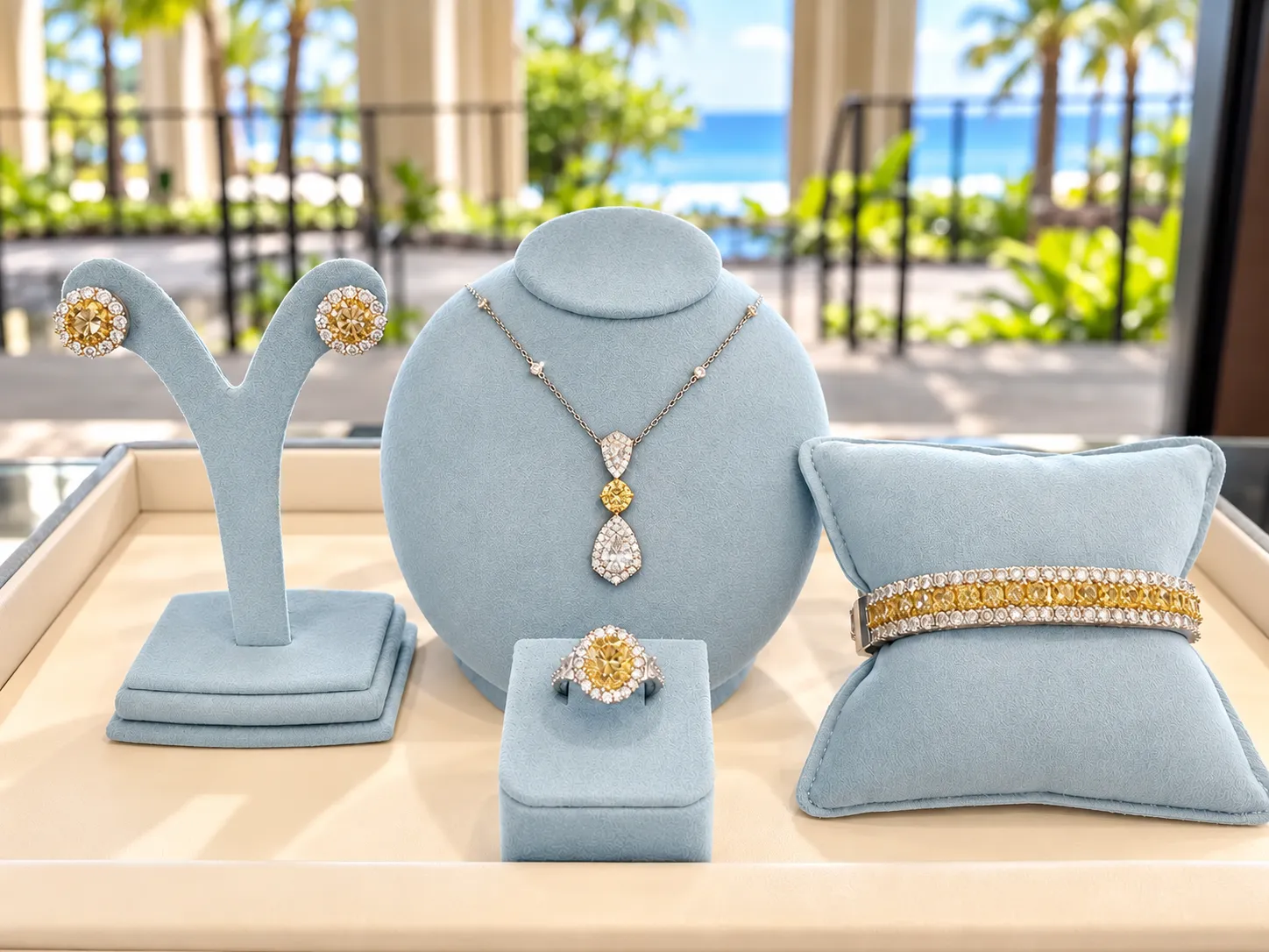 Yellow diamond earrings, bracelet, ring and necklace on blue jewlery stands with trees and the ocean in the background.