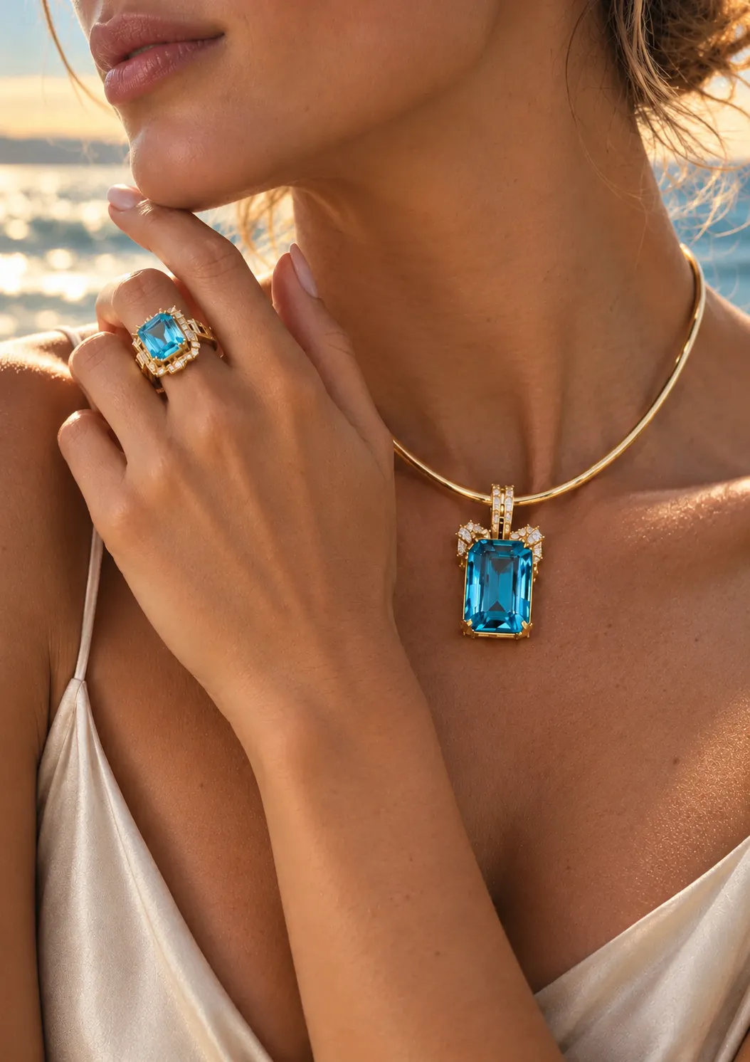 A woman wearing a blue topaz pendant and ring
