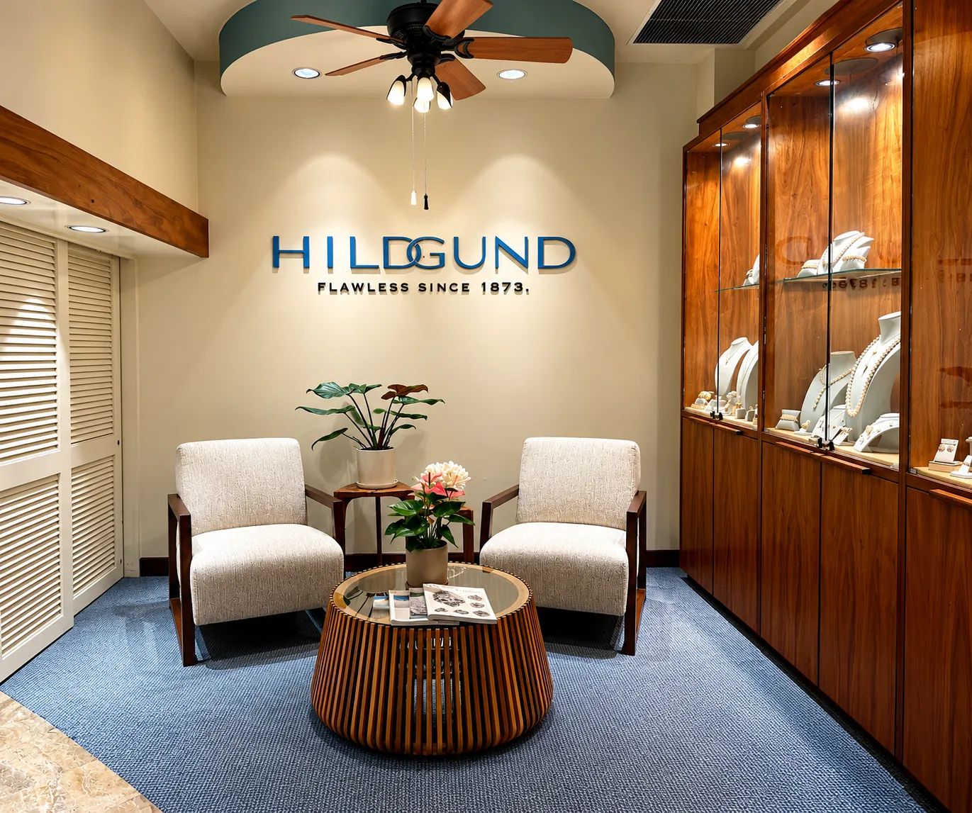 Seating area at Hildgund Jewelry with display cases, chairs and coffee table
