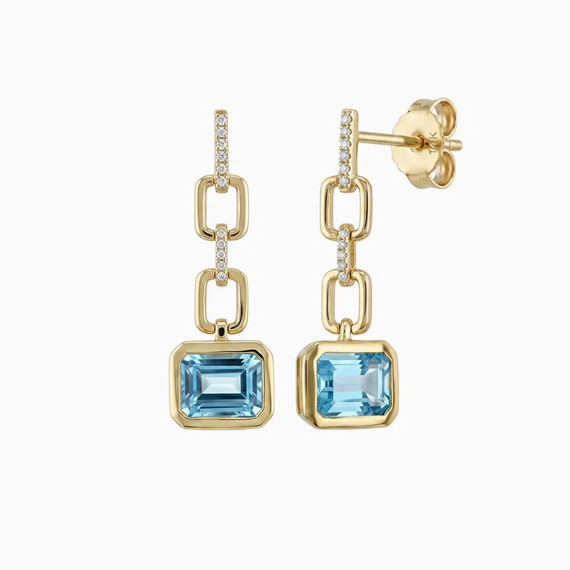 Gold earrings with blue gemstones and diamond accents in a chain-link design.