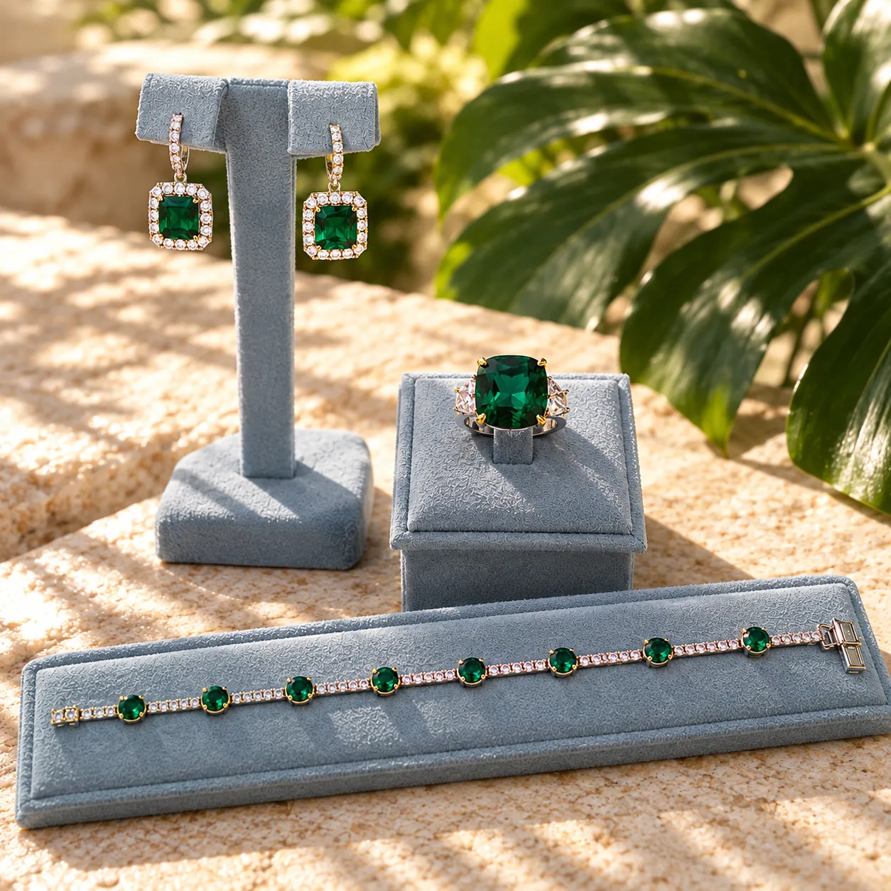 Beautiful Emerald earrings, ring and bracelet with monsterra leaf in the background.
