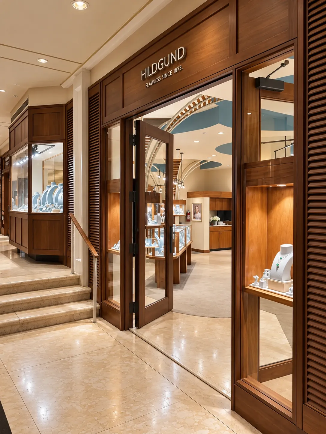 Exterior luxury jewelry store with jewelry displays and cases