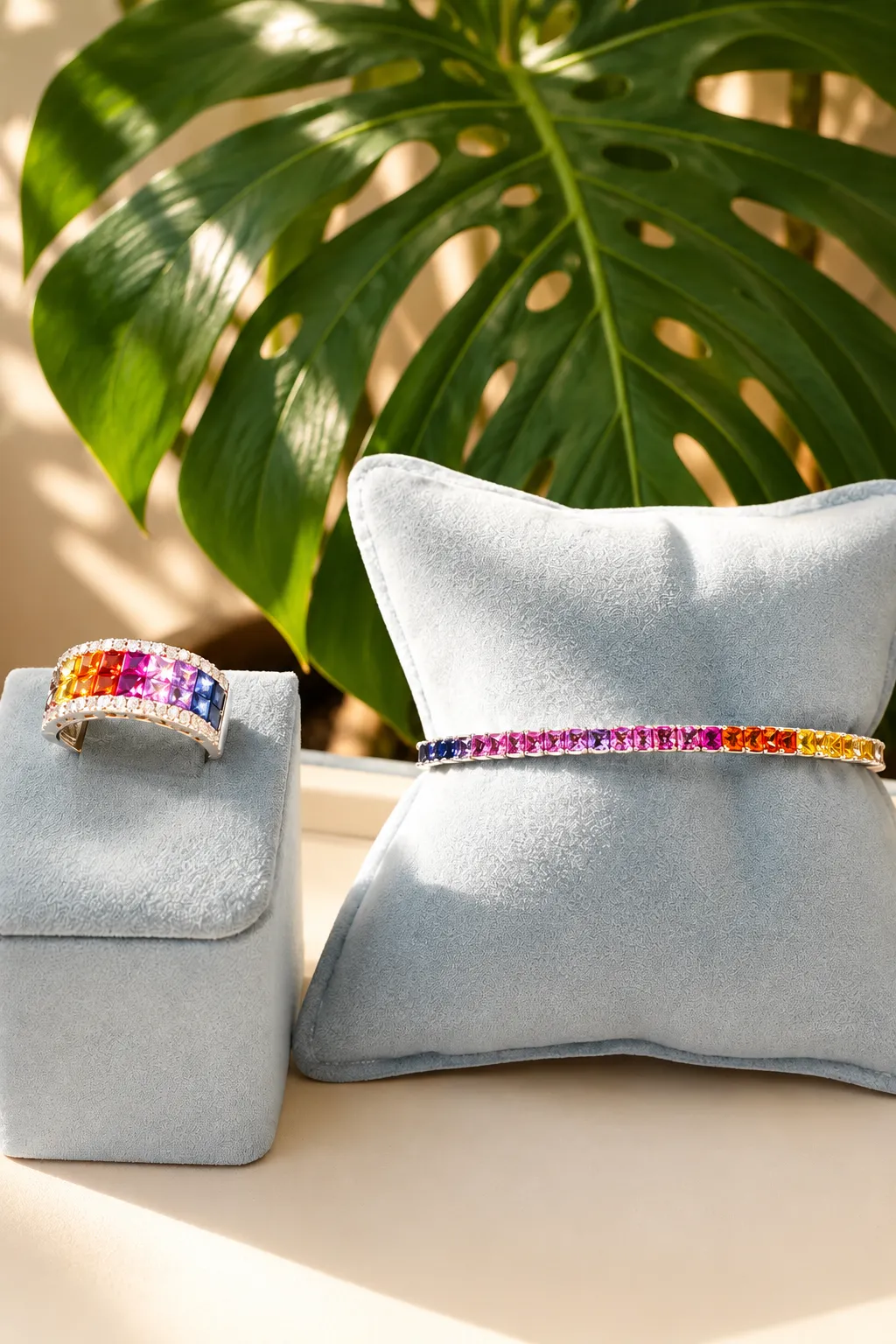 Rainbow sapphire bracelet and ring on blue stands with a monsterra leaf in the background