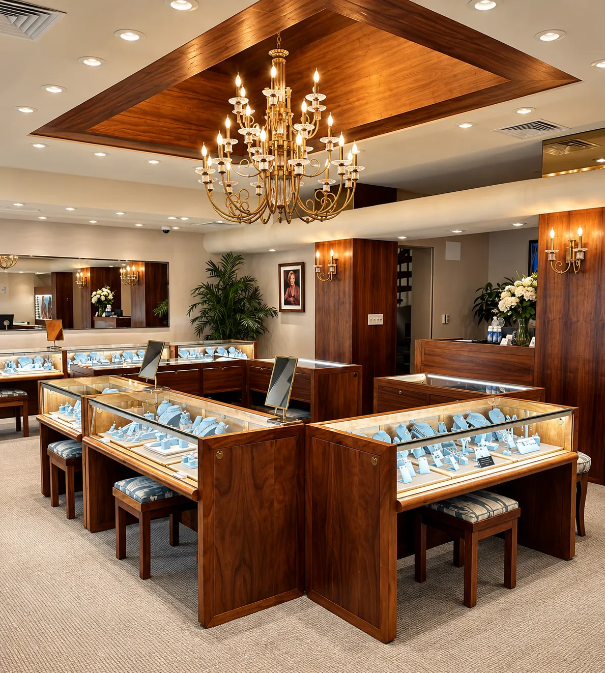 Interior of a jewelry store with wooden display cases, chandeliers, and 