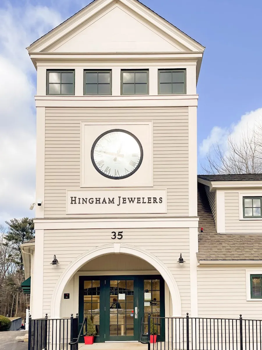 Hingham Jewelers store exterior with clock tower at 35 Whiting Street, Hingham, MA.