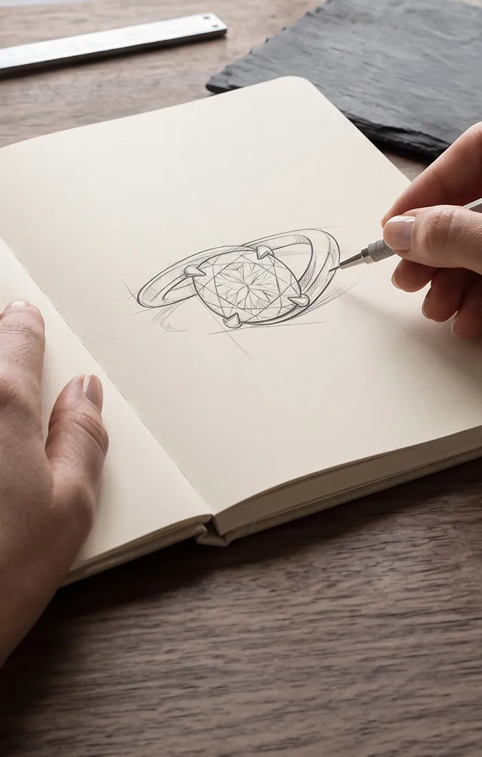 Sketch of a ring design in a notebook with a hand drawing. Start a Project at Hingham Jewelers.