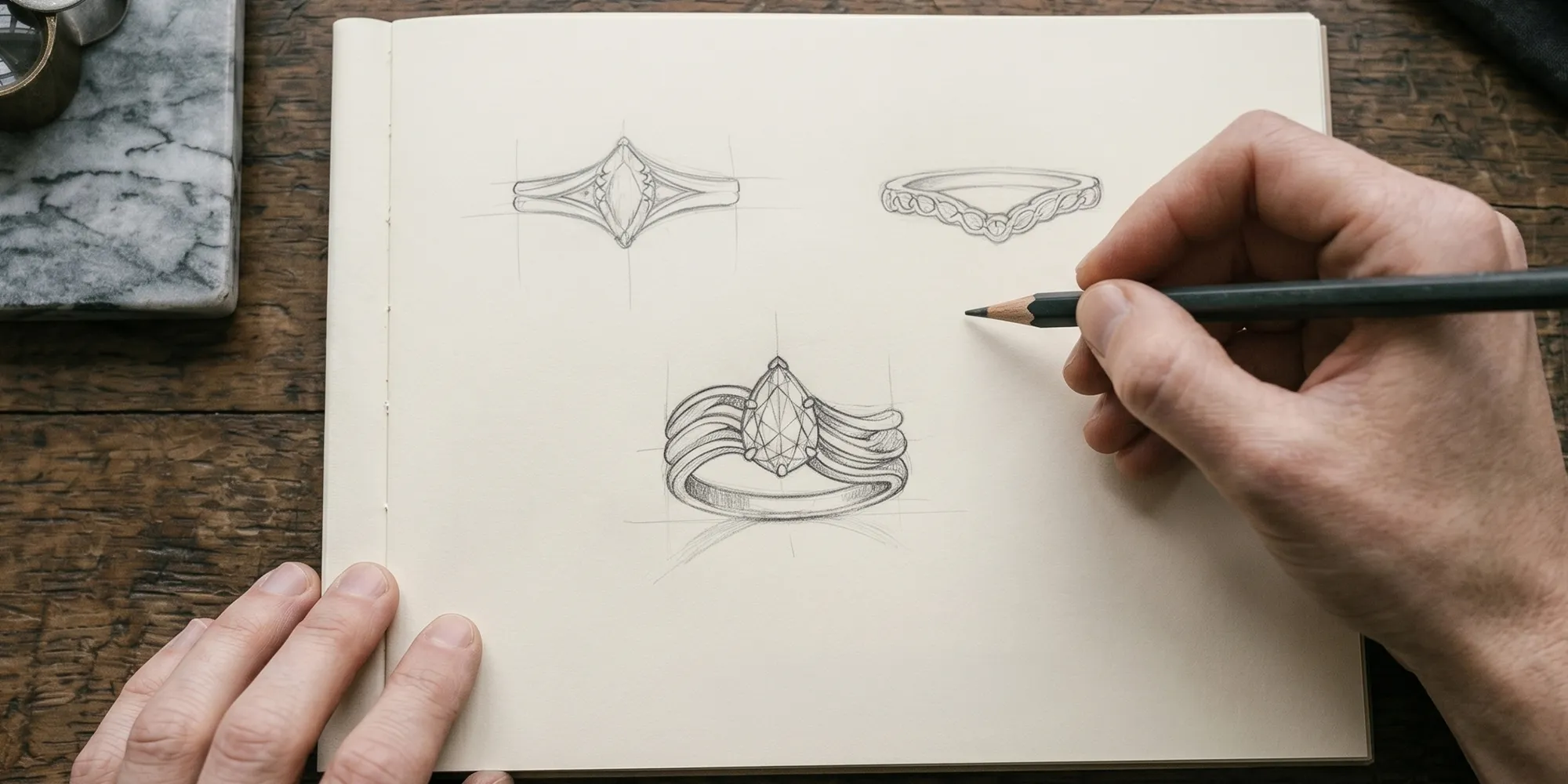 Sketches of custom ring designs being drawn in a notebook by a hand with a pencil.