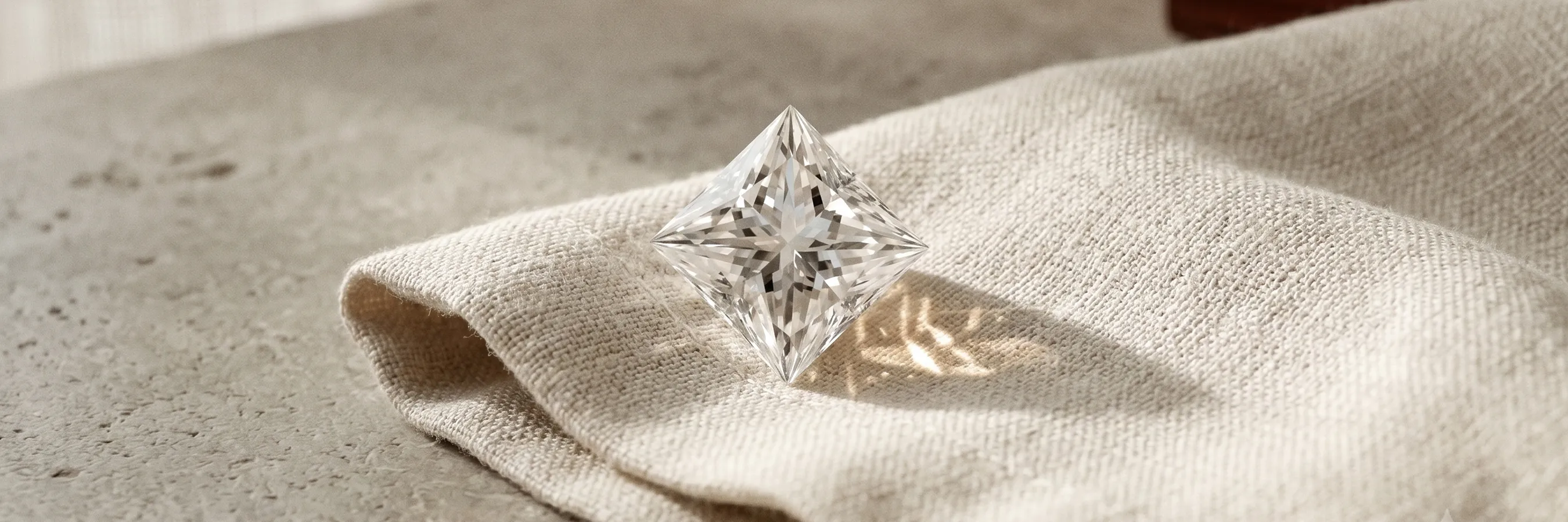 Square-cut diamond on textured fabric, showcasing brilliance. Read our guide on natural vs. lab-grown diamonds.