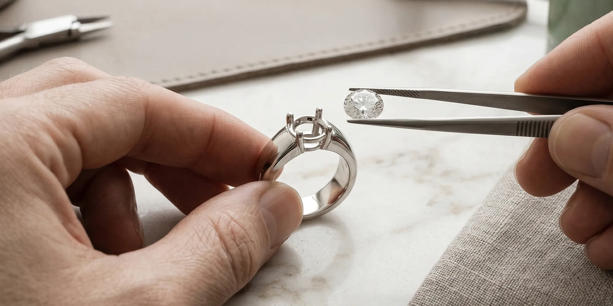 Custom engagement ring design with loose diamond and ring setting at Hingham Jewelers.