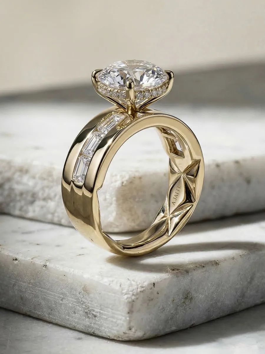 Gold ring with a large diamond and star design on the band, displayed on a marble surface.