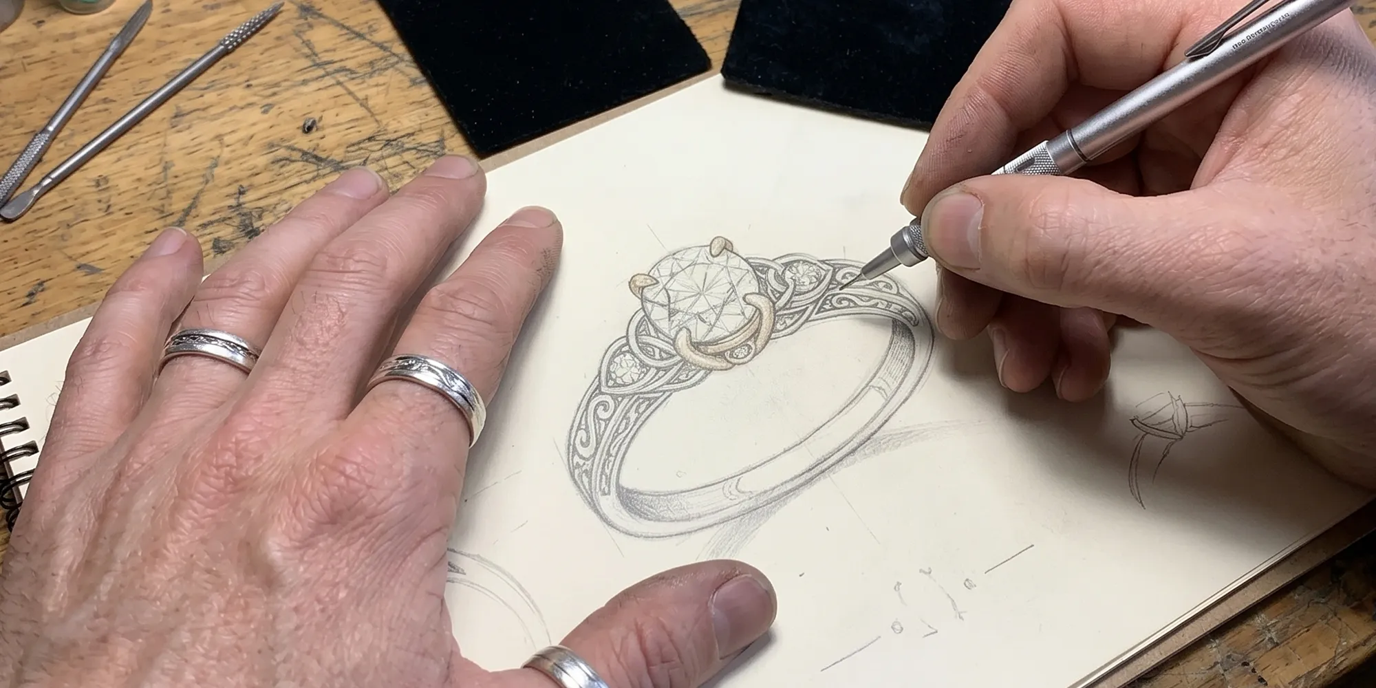 Custom jewelry design sketching process at Hingham Jewelers in Hingham, MA.