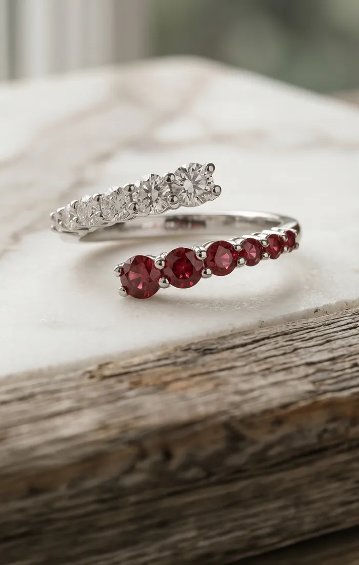 Two silver rings with red and clear gemstones on a wooden surface. Explore H.J. Signature Collection.