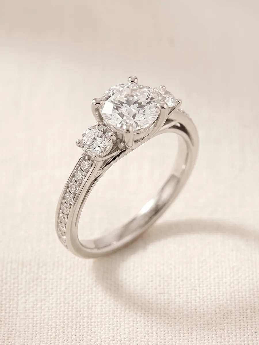 A three-stone diamond engagement ring with a diamond-studded band on a light fabric background.