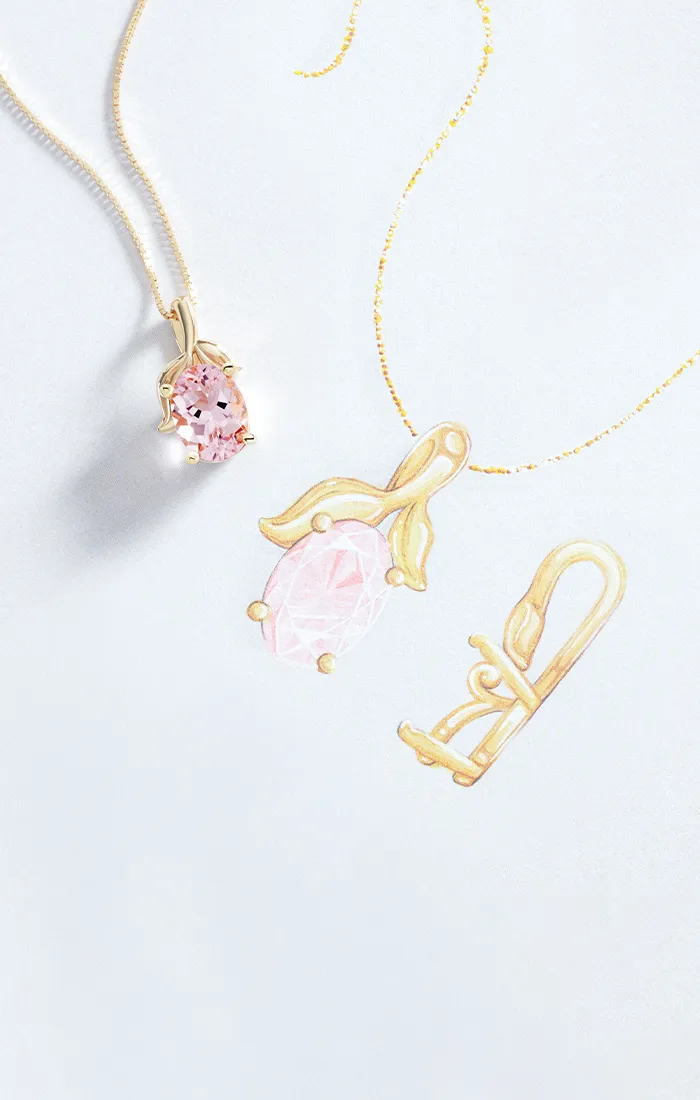 A gold necklace with a pink gemstone pendant on a light background.