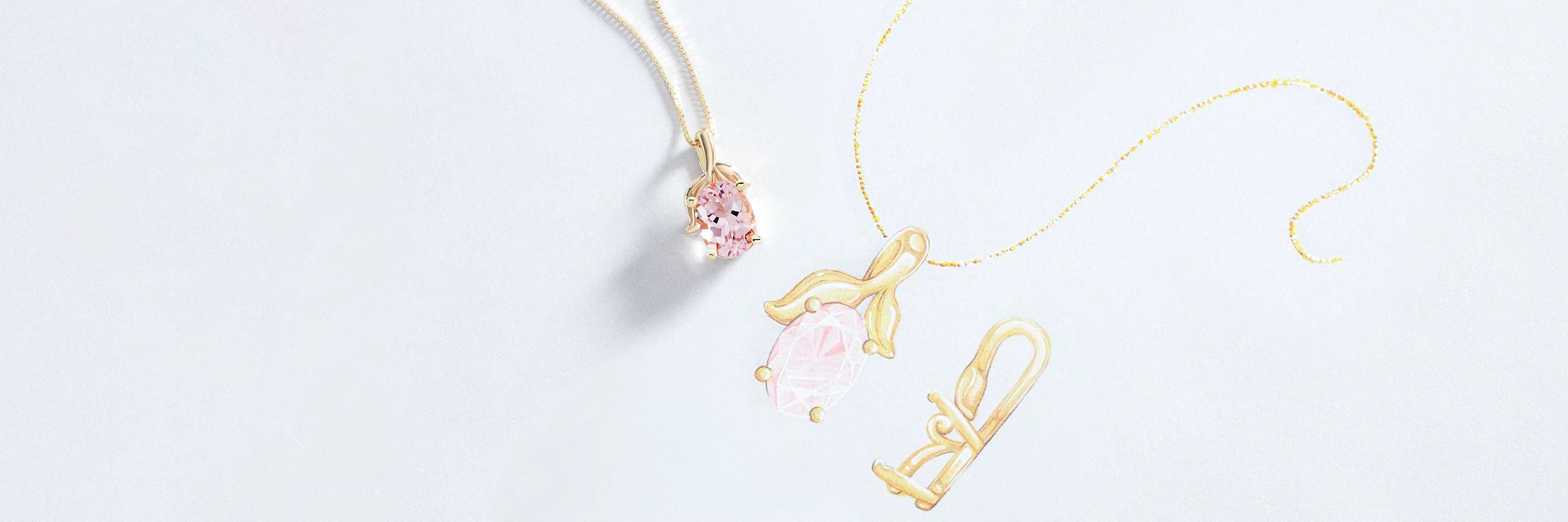 A gold necklace with a pink gemstone pendant on a light background.