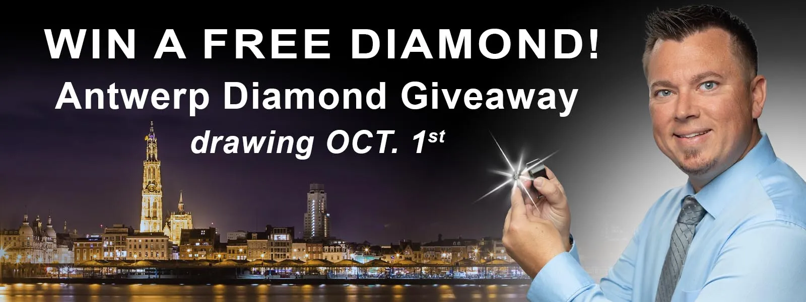 Win a free diamond in the Antwerp Diamond Giveaway! Image of the Antwerp skyline at night and man holding a diamond.