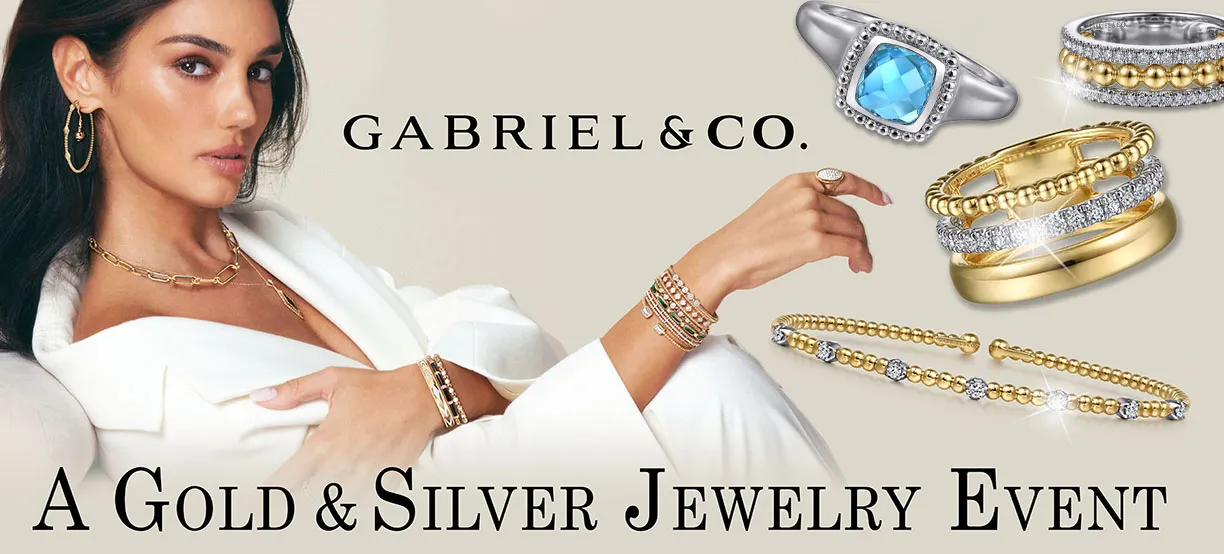 Model showcasing gold and silver jewelry for Gabriel & Co. at Holliday Jewelry's special event. Click to shop now.