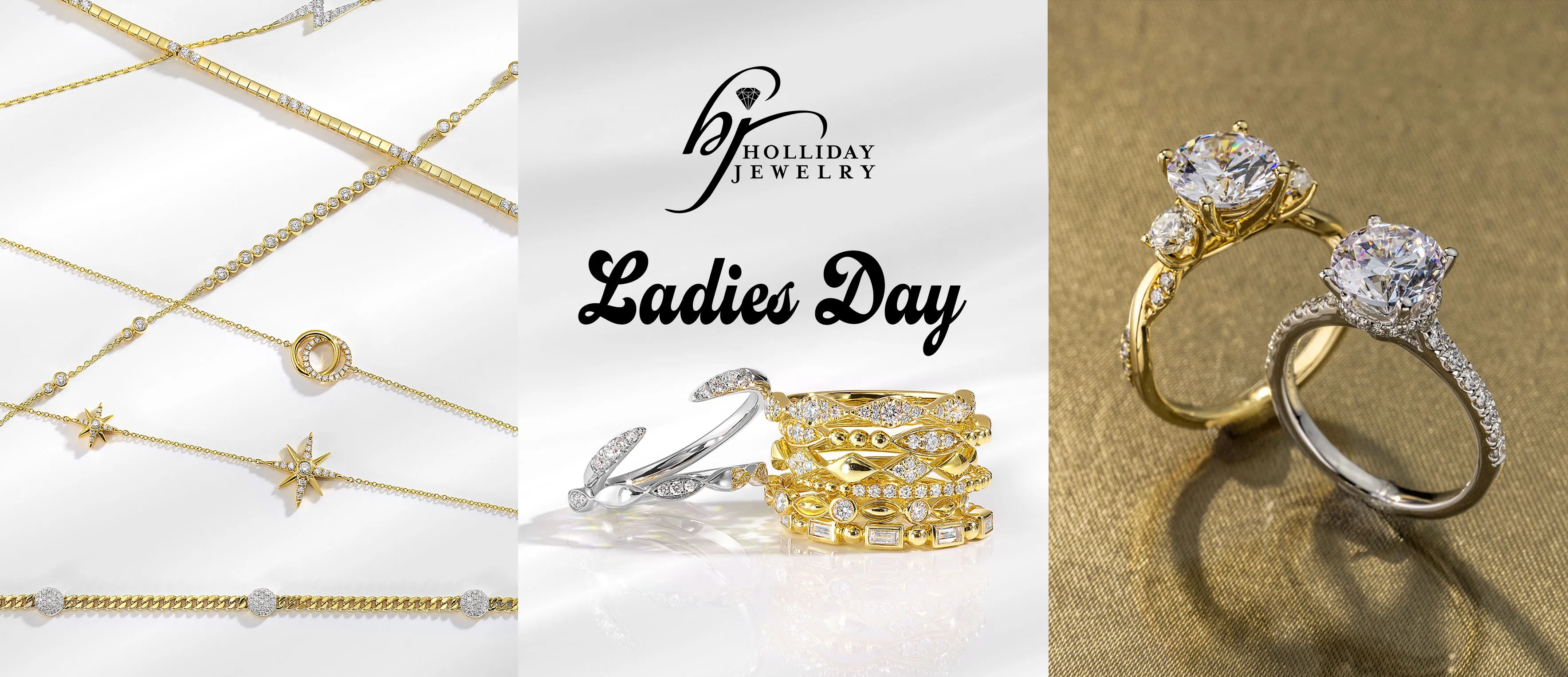 Ladies Day event poster with jewelry images, floral designs, and event details for Holliday Jewelry.
