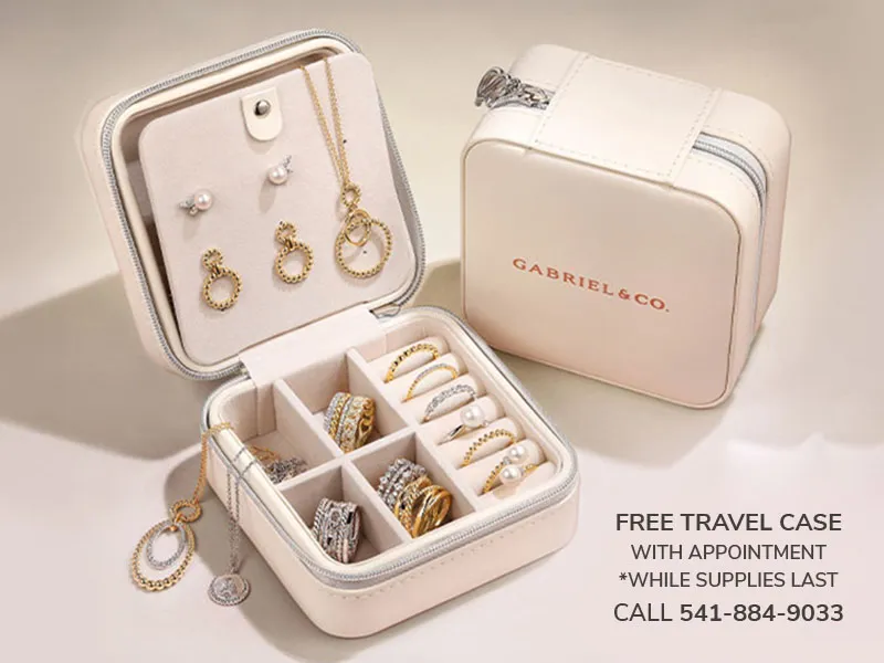 Jewelry travel case with earrings and rings; get a free case with an appointment for the event at Holliday Jewelry.