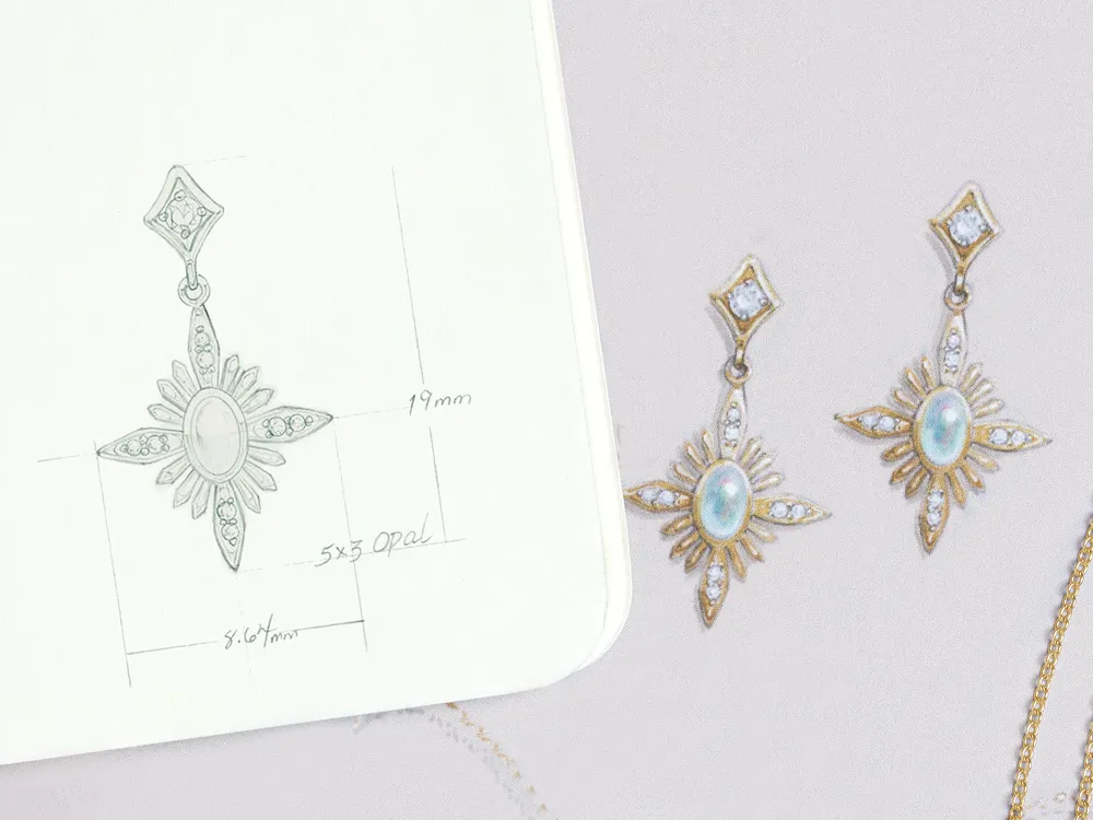 Sketch of a star-shaped earring design with opal and diamond accents, next to the finished earrings.